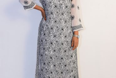 Buy Hand Embroidered Lucknowi Chikan White and Black Georgette Kurti